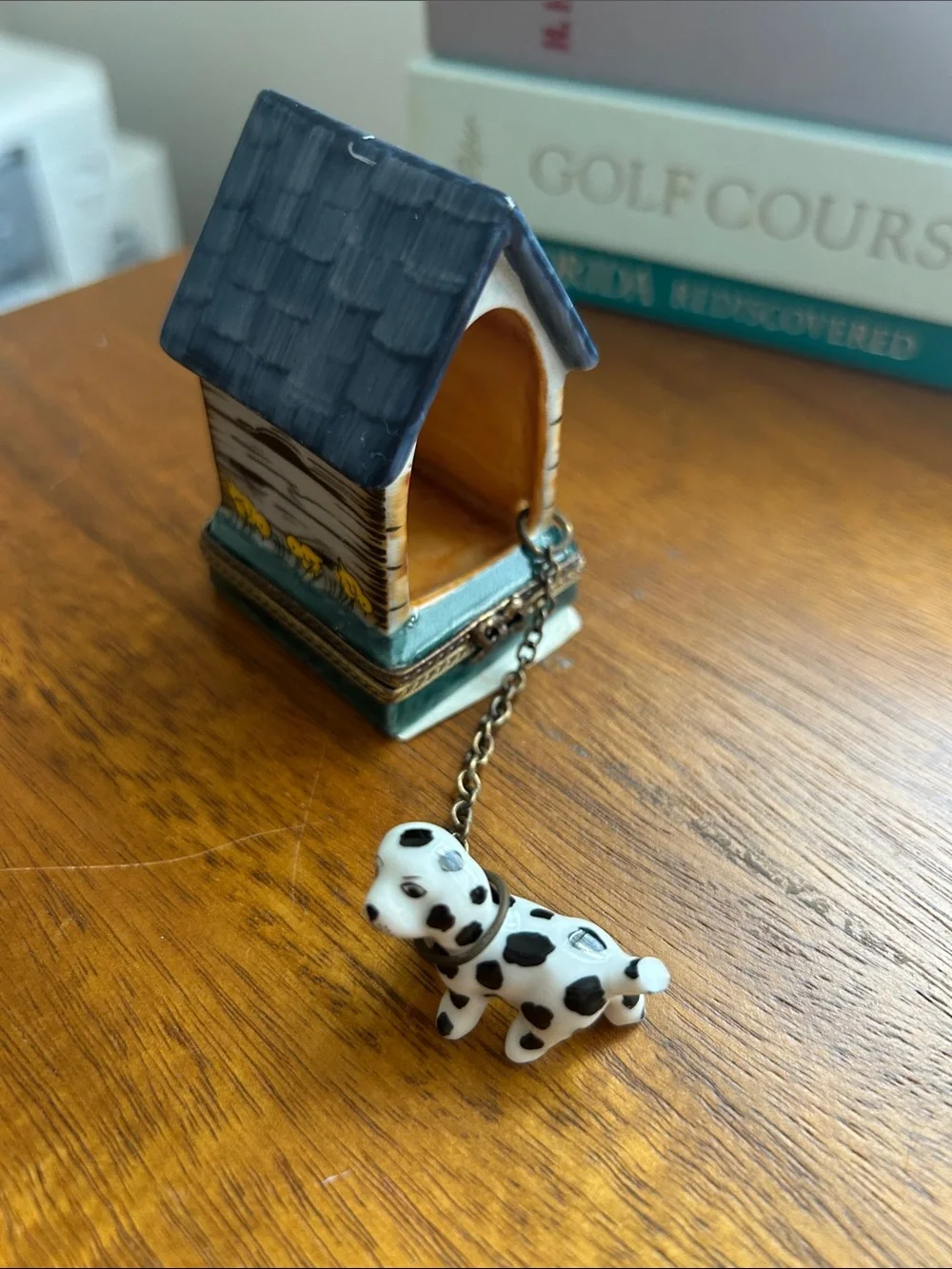 Limoge Hand-Painted Ceramic Pet House Ornament in Blue and Yellow